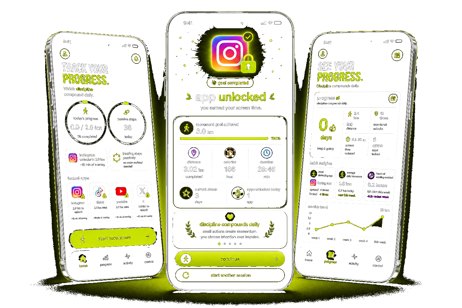 RunLock app screens showing locked apps, progress tracking, and unlocked screen time
